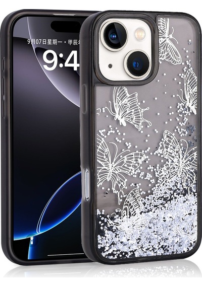 Apple Uyumlu iPhone 15 Kılıf Sıvılı Simli Kelebek Baskılı Şeffaf Arka Yüzey Zore Glis Silikon Kapak Siyah