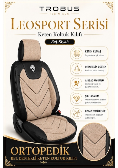 Renault Fluence 2010 Sonrası Uyumlu Leosport Serisi Bej Siyah Ortopedik Keten Koltuk Kılıfı
