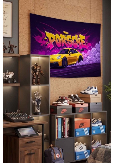 Porsche Sarı Spor Araba Graffiti Drift Dekoratif Duvar Örtüsü Duvar Halısı Beyaz