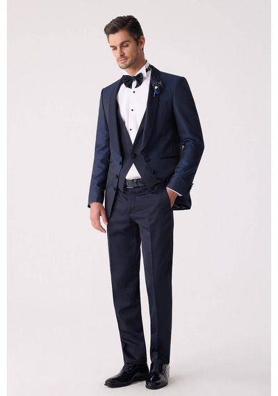 Ysf Erkek Lacivert Yelekli Slim Fit Damatlık