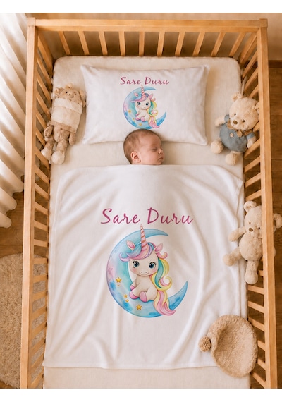 İsme Özel Kız Bebek Battaniye 80x80 Cm Ve Yastık Kılıfı 35x45 Cm %100 Pamuk Organik Baskılı Bebek Seti Bebek Hediyesi 1100yb Krem
