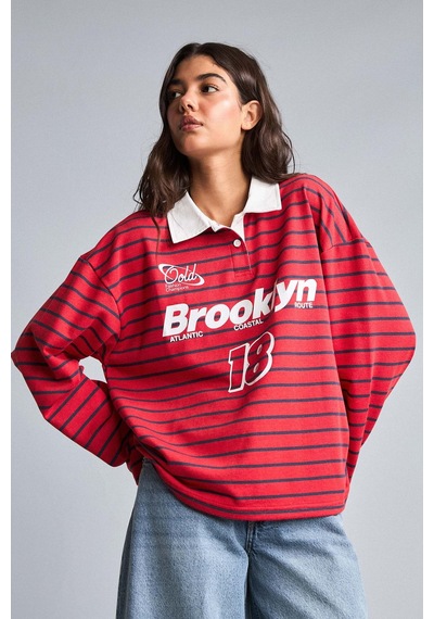 Defacto Oversize Polo Yaka Çizgili Baskılı Kalın Kumaş Sweatshirt H5841ax26wnrd227 Kırmızı-rd227