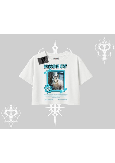 Tarzsokak Missing Cat Baskılı Oversize Crop Tshirt Beyaz