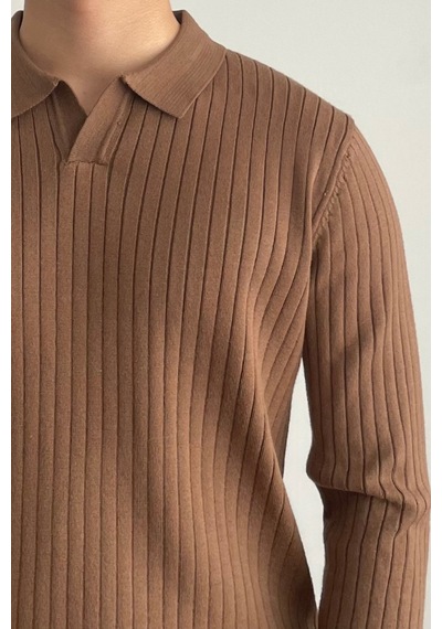 Erkek Kahverengi Slim Fit Uzun Kollu Polo Yaka Triko Kazak Kahverengi