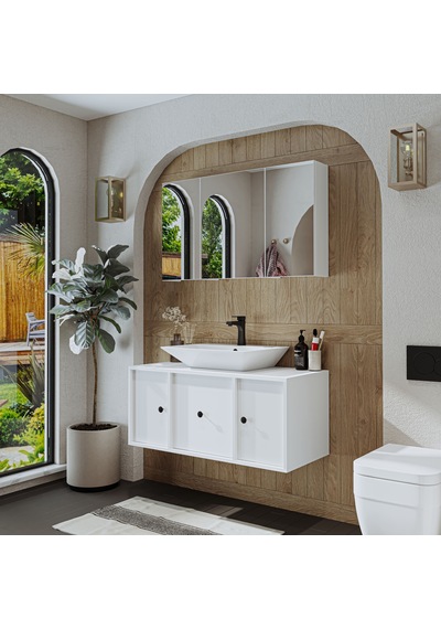 Çanak Lavabolu Mat Mdf 105 Cm Banyo Dolabı + Aynalı Dolap Mat Beyaz