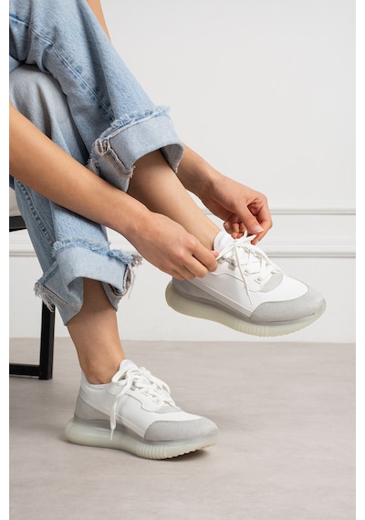 Shoetek Suwen Kadın Sneakers Bağcıklı Spor Ayakkabı Gri Süet Beyaz Deri