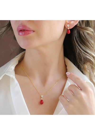 Mercan Taşlı Damla Gold Gümüş Set Gümüş