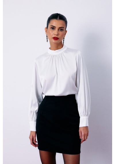 Sateen Yaka Detaylı Saten Bluz - Ekru