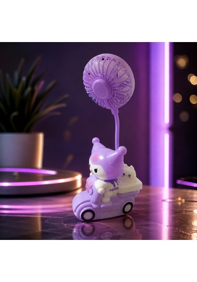 Vıp Yüksek Kalite Mor Kuromi Masa Fanı Mini Fan Işıklı Kalem Traşlı Mini Kalemlikli Şarjlı Masa Fanı