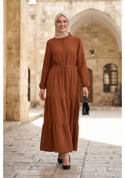 Hb Harma Time Butik Kadın Düğmeli Bağcıklı Taba Tesettür Keten Elbise