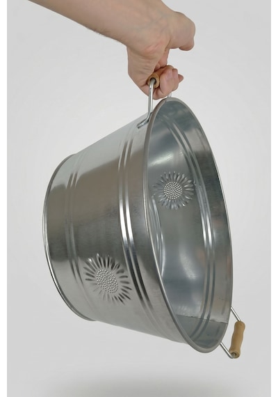 13 Litre Tahta Kulplu Güneş Kabartmalı Metal Leğen - Çok Amaçlı Saksılık Ve Saklama Kabı Renksiz