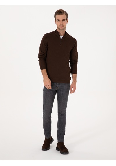 Koyu Kahverengi Regular Fit Yarım Fermuarlı Sweatshirt