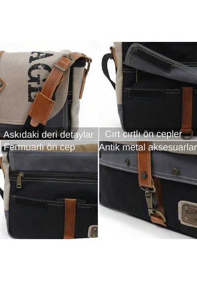 Cappadocia Vintage 4046 Omuz Postacı Suya Dayanıklı Kanvas Çanta Bej - Siyah