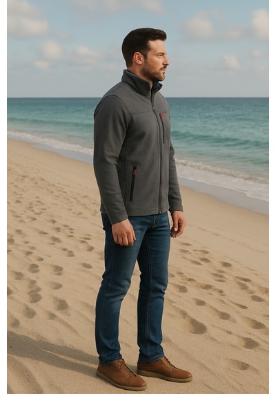 Luxıc Core Erkek Koyu Gri Fermuarlı Polar Dik Yaka, Cepli, Günlük & Outdoor Kullanım