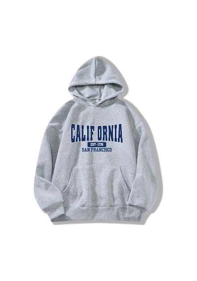 Califor Ornia 1776 Sweatshirt - Gri Baskılı Oversize Kışlık Kalın Kapüşonlu Gri