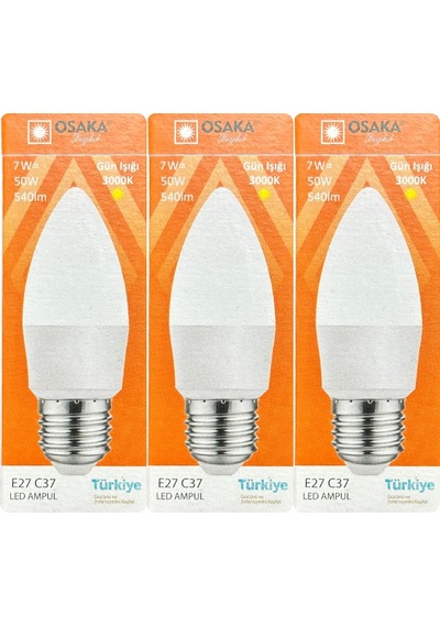3 Adet Osaka 7w 50w 3000k Sarı E27 Duylu Kalın Duy Mum Led Ampul