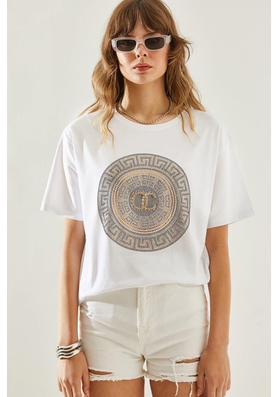 Shade Kadın Bisiklet Yaka Taş Detaylı Basic Penye T-shirt 60251238 - Beyaz