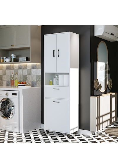 Çamaşır Sepetli Banyo Dolabı, Çok Amaçlı Çekmeceli Dolap 60 X 200 Mat Beyaz Çamaşır Sepetli Banyo Dolabı, Çok Amaçlı Çekmeceli Dolap 60 X 200 Mat Beyaz