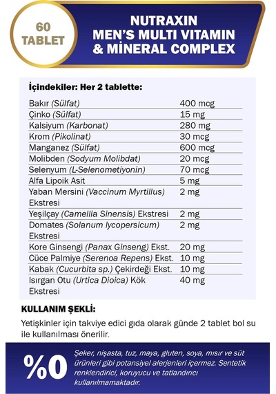 Multivitamin & Mineral Complex Erkekler İçin Özel Kompleks 60 Tablet