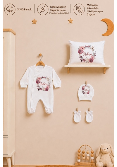 Pia Baby Kız Bebek Hastane Çıkışı 6 Parça %100 Pamuk İsme Özel Kese Hediyeli Tulum Şapka Eldiven Seti 1006tybk0x Krem