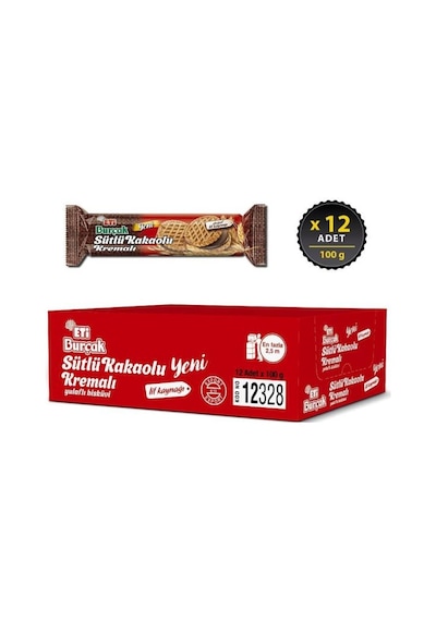Eti Burçak Sütlü Kakaolu Kremalı Yulaflı Bisküvi 12 x 100 G