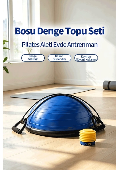 Bosu Ball Denge Topu 45 Cm Pilates Aleti Direnç Lastiği + Pompa Dahil Kaymaz Taban