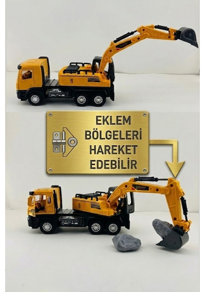 Metal Kasa Sesli Işıklı Ekskavatör Kamyon 35 Cm - 360 Derece Dönen Kepçeli Çek Bırak İş Makinesi