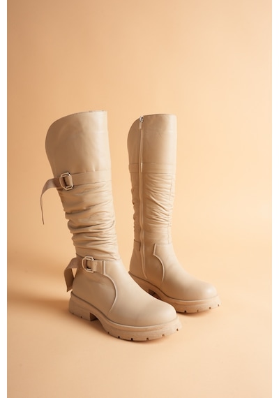 Analin Shoes Kadın Hakiki Deri Büzgü Detaylı Tokalı Fermuarlı Uzun Çizme Bej