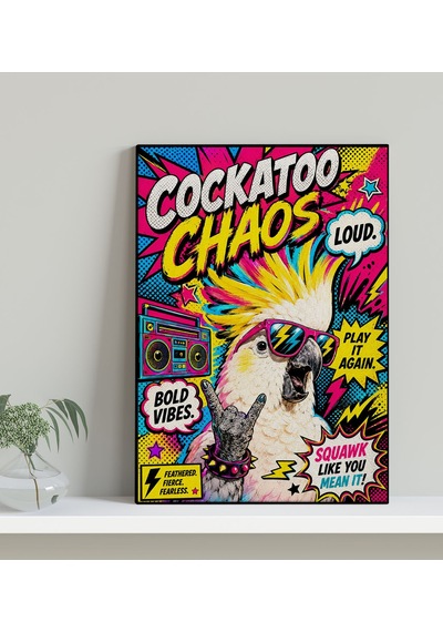 Bk Gift Cockatoo Chaos Yazılı Güneş Gözlüklü Kakadu Papağan Pop Art Renkli Kanvas Duvar Tablosu 50x70 Cm