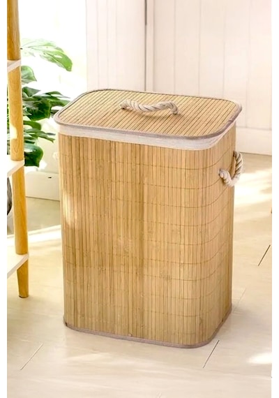 Katlanabilir Bambu Çamaşır Kirli Sepeti 41x31x50 Bej
