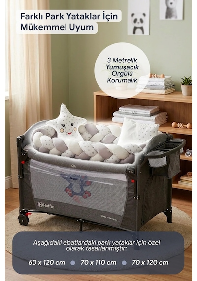 Deluxe Park Yatak Uyku Seti Bebek Beşik Örgülü Uyku Seti Pamuklu Kumaş 7 Parça