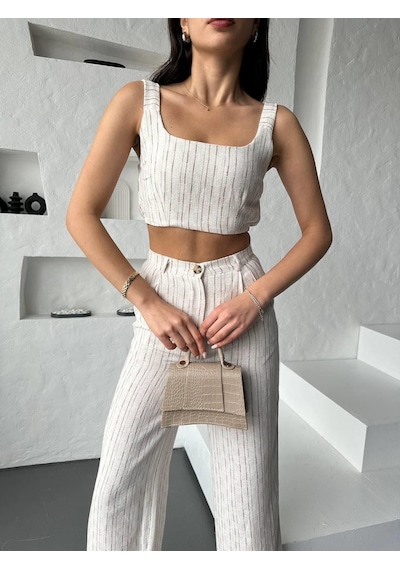 Eke Tekstil Camel Çizgili Crop Pantolon Keten Takım-camel Camel