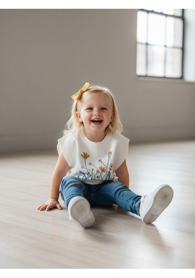 Zekids Kız Bebek Pamuklu Çiçekli Yarım Kollu T-shirt-7501 Krem