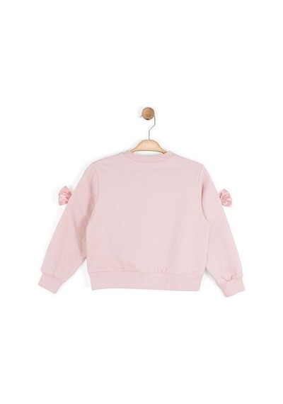 Kız Çocuk Kolları Leopar Şeritli Fiyonklu Sweatshirt-16133 Pudra