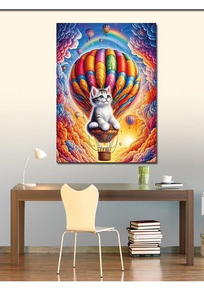 Kanvas Tablo Uçan Balon Yolculuğu Ve Kedi 100cmx140cm