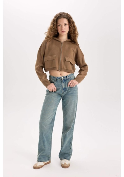 DeFacto Regular Fit Kapüşonlu Basic Düz Fermuarlı Triko Hırka E2270AXNSBN551 Kahve
