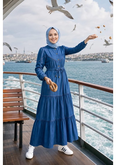 Hb Harma Time Butik Kadın Dantel Detaylı Düğmeli Ve Bağcıklı Kot Koyu Mavi Elbise