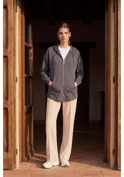 Tommylıfe Koyu Gri Yumuşak Dokulu Kapüşonlu Oversize Kadın Tunik Sweatshirt - 97302