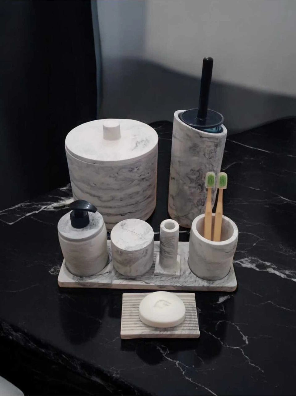 Mermer Desenli Tam Beton Banyo Seti Tuvalet Wc Sıvı Sabunluk Diş Fırçalığı Aksesuar Takım Gri