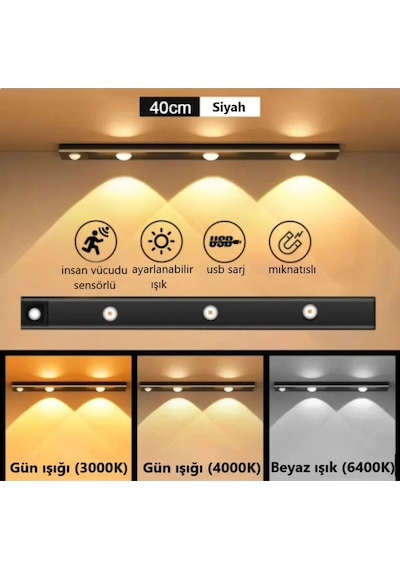 Hareket Sensörlü - Dekoratif Gece Lambası Usb Şarjlı 30 Cm Siyah
