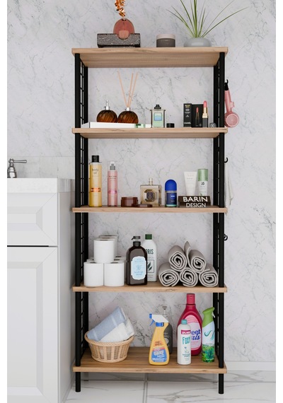 5 Raflı Çevir-kur Raf Ünitesi Telli Metal Gövdeli Organizer Banyo, Mutfak, Balkon, Antre Uyumlu Atlantik Çam