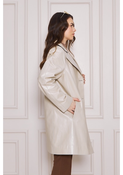M M Marki Marki Kadın Hakiki Deri Trençkot Bej, V Yaka, Kuşaklı, Düğme Kapamalı, Oversize, 90 Cm - 117122