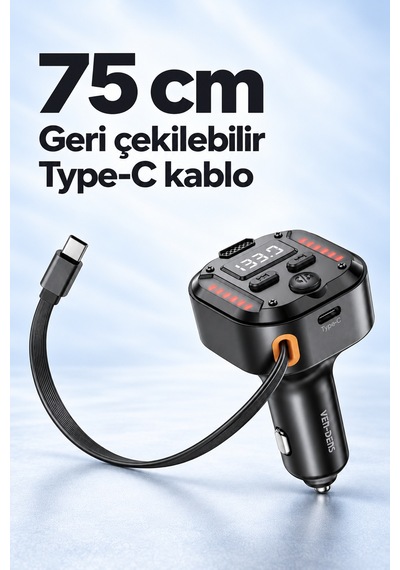 Ven-dens Vd-fm011 Bluetooth 5.3 Araç Fm Transmitter Cihazı, 40,5 W Toplam Çıkış, 75 Cm Geri, Siyah