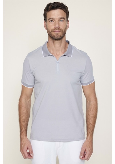 Tudors Erkek Slim Fit Dar Kesim Pamuklu Fermuarlı Gri Polo Yaka Tişört-27588 Gri