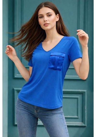 Mavi Saten Cepli Kadın T-shirt Renkli