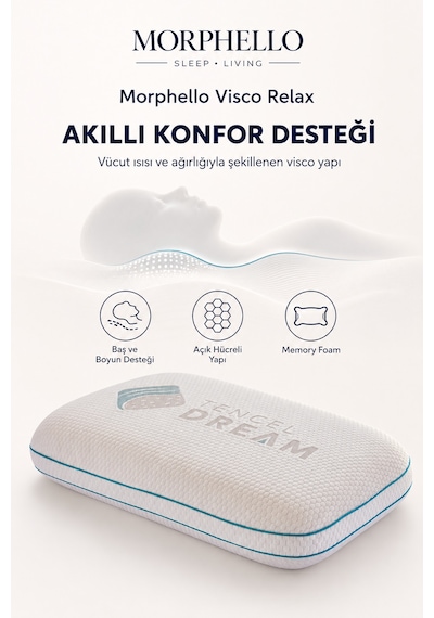 Morphello Visco Relax Memory Foam Boyun Destekli Yastık 40x60 Cm Tencel Fermuarlı Yıkanabilir Kılıf Görsel Üzerindeki Daha Sade İsim İse: Beyaz