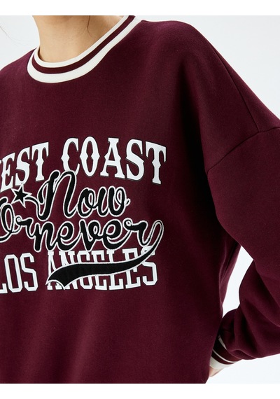 Koton Üç İplik Şardonlu Uzun Kollu Bisiklet Yaka Kolej Baskılı V Yaka Sweatshirt Bordo 5wal10836ık Bordo