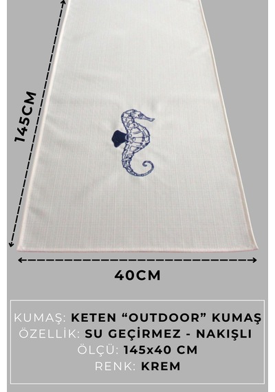 Marin Masa Örtüsü Nakışlı Deniz Atı Runner 145x40 Su İtici Outdoor Keten Tekne Bahçe Salon Mutfak Krem