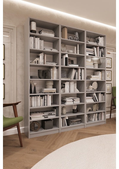 Asra Trend K-22 %100 MDF 180 cm 3 Modüllü Kitaplık 21 Raflı Dev Kütüphane Kül Gri