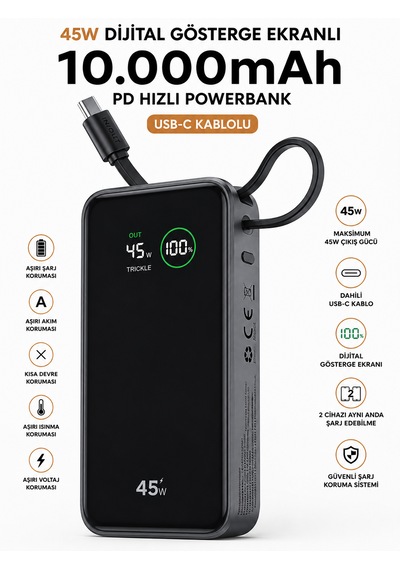10000mah Powerbank Pd 45w Hızlı Şarj Dijital Ekranlı Dahili Type-c Kablolu Taşınabilir Şarj Cihazı Siyah